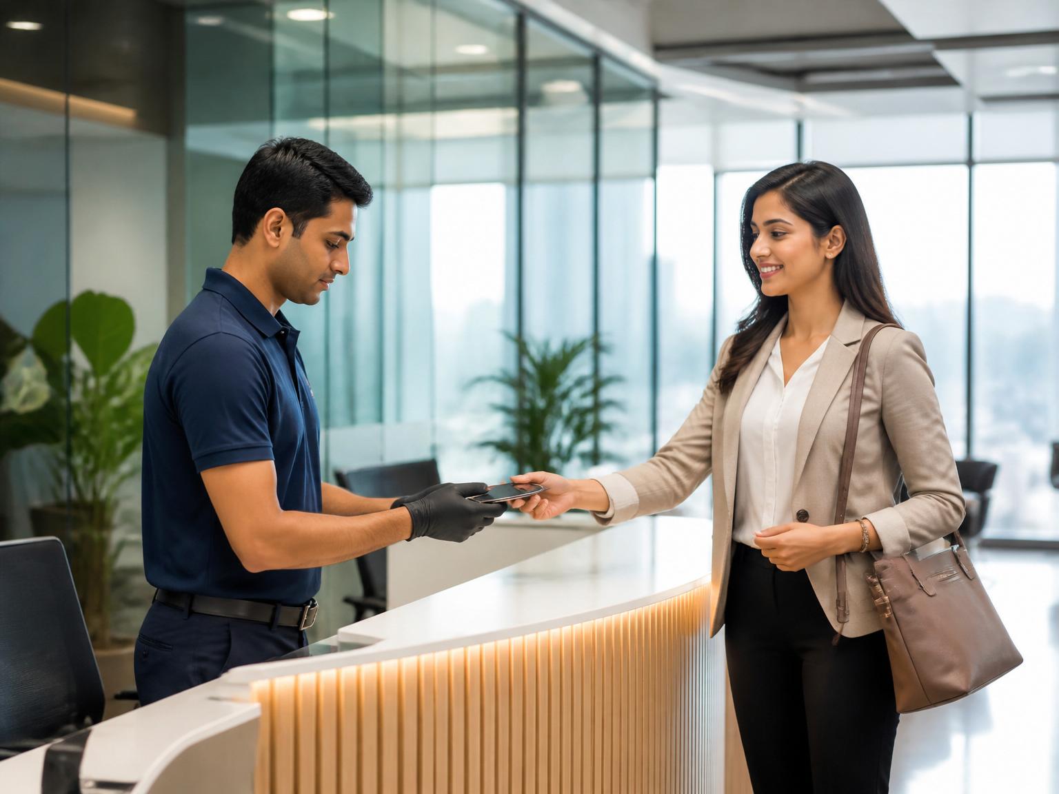 MobileKart technician collecting a smartphone at a corporate reception