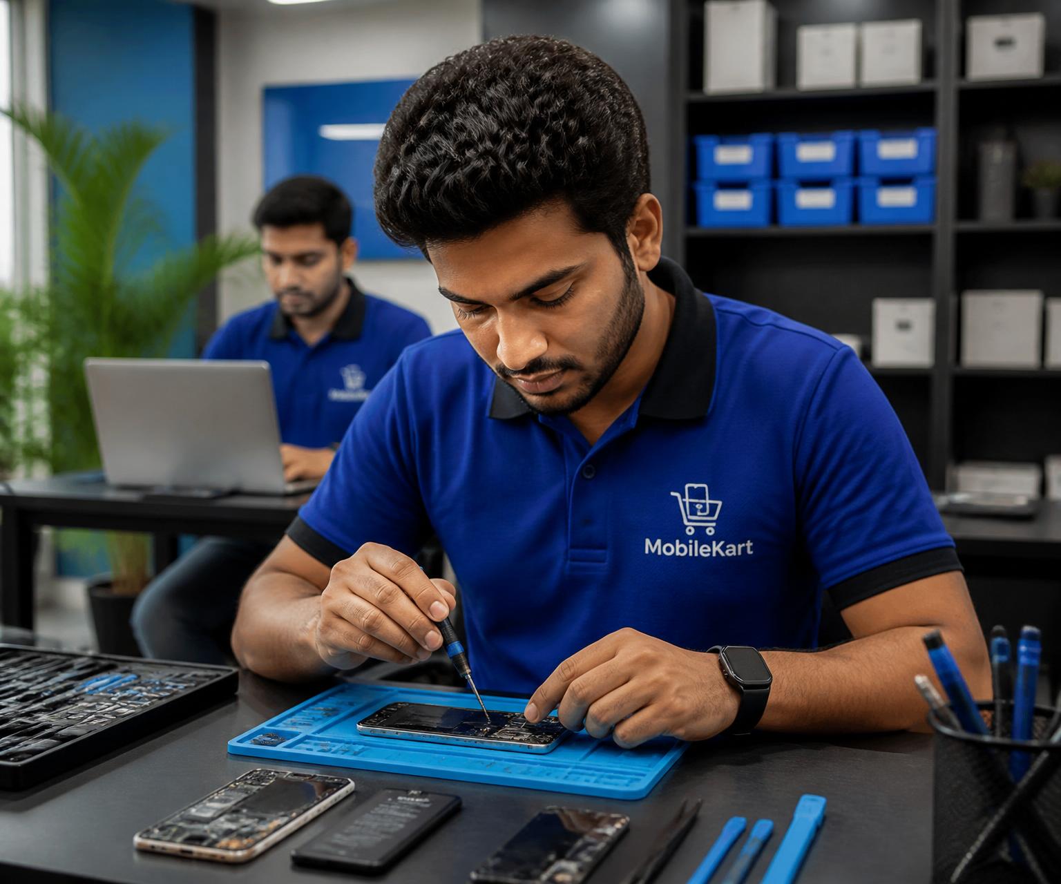 MobileKart technician servicing phones at a professional corporate office