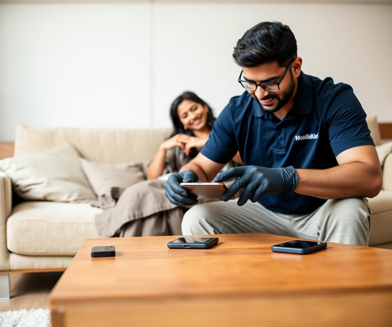 MobileKart technician repairing a phone for a young couple at home