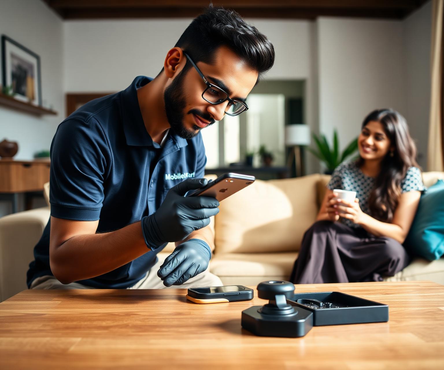 MobileKart technician inspecting a phone while a lady customer watches