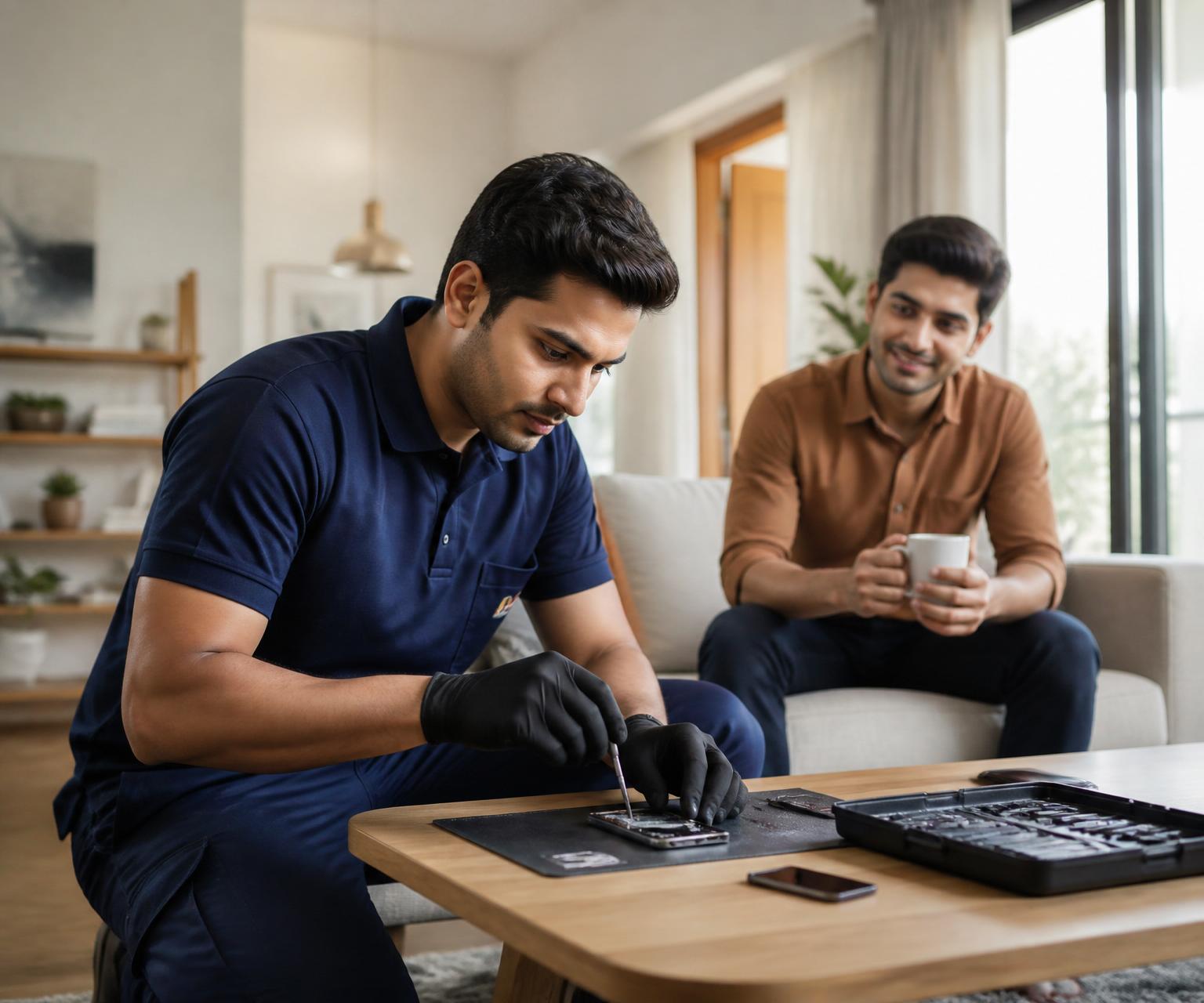 MobileKart technician repairing a smartphone at a customer's home